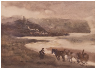 All on an Irish shore man leading horses on a beach painting