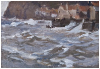 Staithes painting of seashore cliffs beach