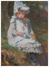 Jubilee Girl a young girl in bonnet and pinny sits on a tree stump 