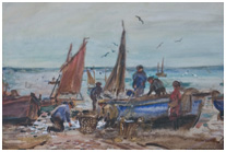 Painting of people unloading a small fishing boat of the daily catch
