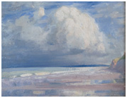 A painting of a sunlit beach