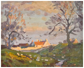 A painting of a sunlit farm