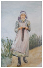 Young girl walks while knitting
