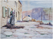 painting of Staithes Cobbles