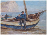 Fishermen mending nets at their boats in Staithes