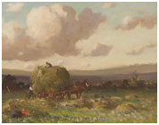 A haystack being load onto a horse and cart