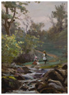 Young girl stand by a flowing stream
